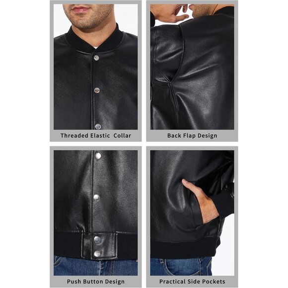 Men Black Faux Leather Biker Jacket Slim Fit Motorcycle Bomber Zip Up Coat - Picture 6 of 6